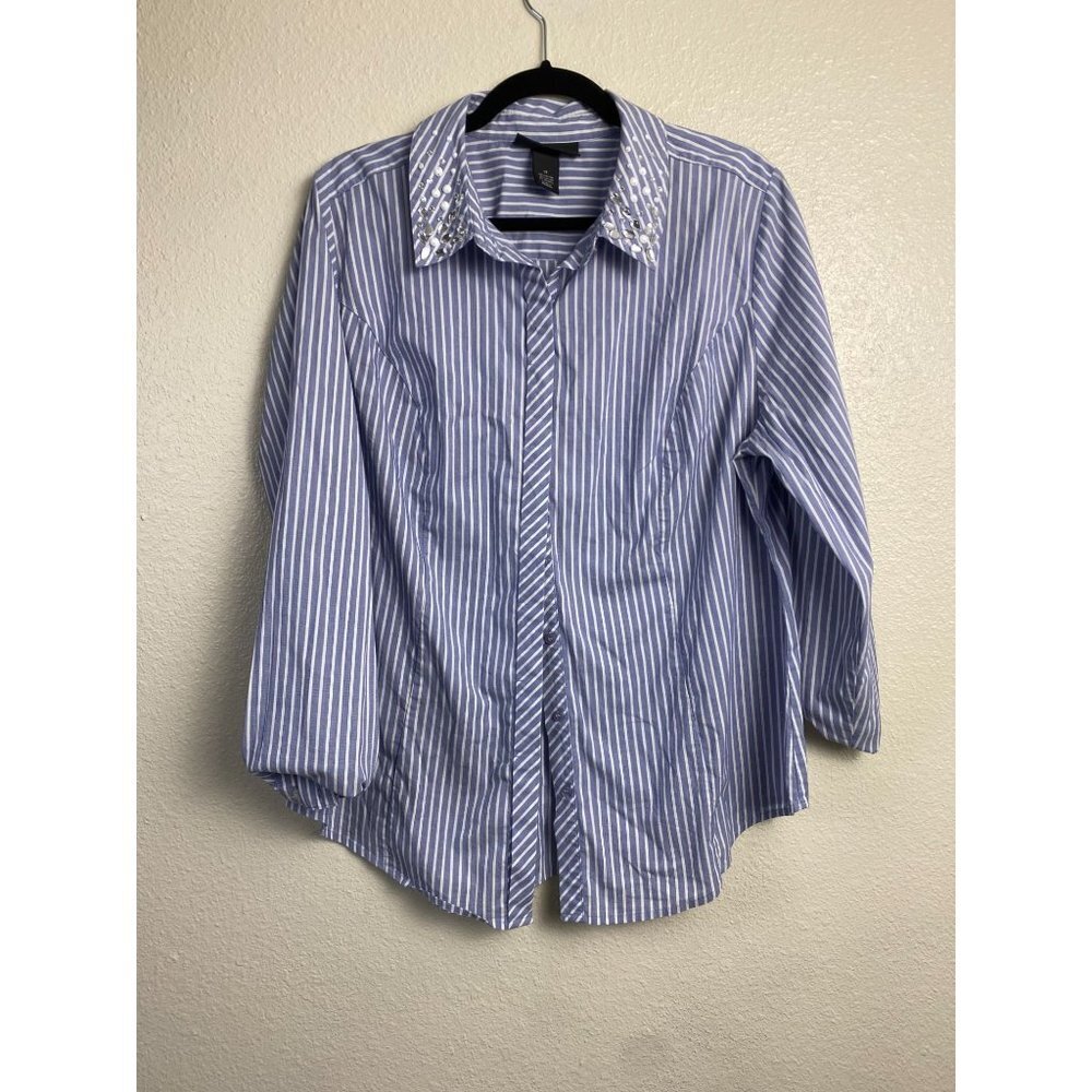 Lane Bryant Stripes Button down Shirt Womens‎ Plus size 18 Blue White Studded